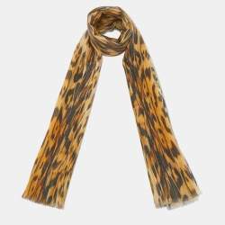 Pre Owned Roberto Cavalli Brown Animal Printed Silk and Cashmere Scarf