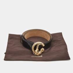 Pre Owned Roberto Cavalli Black Patent Leather Snake Buckle Belt 80CM
