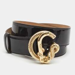 Pre Owned Roberto Cavalli Black Patent Leather Snake Buckle Belt 80CM