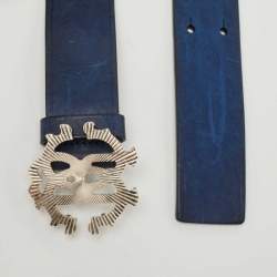 Pre Owned Roberto Cavalli Blue Leather Logo Buckle Belt 105 CM