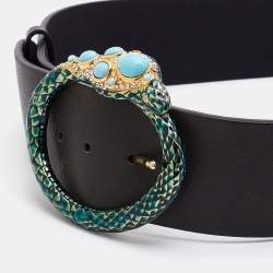 Pre Owned Roberto Cavalli Black Leather Snake Crystals Embellished Buckle Waist Belt L