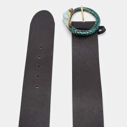 Pre Owned Roberto Cavalli Black Leather Snake Crystals Embellished Buckle Waist Belt L
