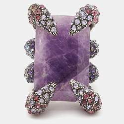 Pre Owned Roberto Cavalli Amethyst Crystals Silver Tone Ring Size 56