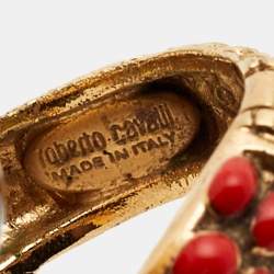 Pre Owned Roberto Cavalli Composite Enamel Gold Tone Snake Ring Size 57