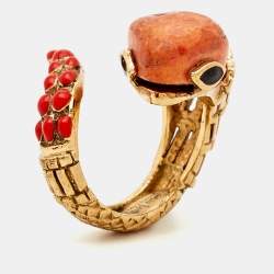 Pre Owned Roberto Cavalli Composite Enamel Gold Tone Snake Ring Size 57