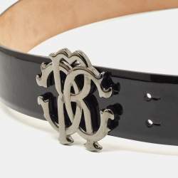 Pre Owned Roberto Cavalli Black Patent Leather RC Logo Buckle Belt 85CM