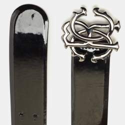 Pre Owned Roberto Cavalli Black Patent Leather RC Logo Buckle Belt 85CM