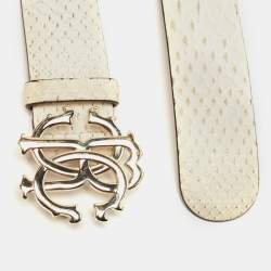 Pre Owned Roberto Cavalli White Python RC Logo Belt 80CM