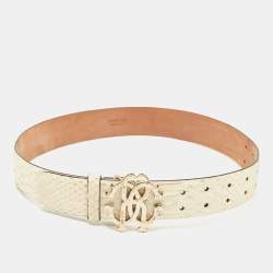 Pre Owned Roberto Cavalli White Python RC Logo Belt 80CM