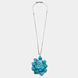 Pre Owned Roberto Cavalli Turquoise Color Stone Silver Tone Pendant Necklace