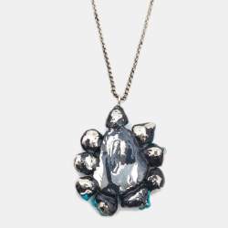 Pre Owned Roberto Cavalli Turquoise Color Stone Silver Tone Pendant Necklace