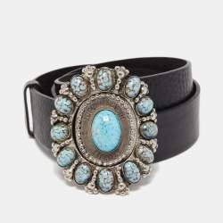 Pre Owned Roberto Cavalli Black/Turquoise Leather Embellished Oval Buckle Belt L
