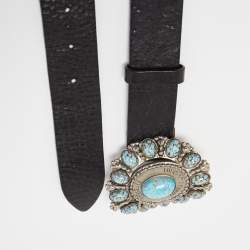 Pre Owned Roberto Cavalli Black/Turquoise Leather Embellished Oval Buckle Belt L