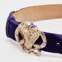 Pre Owned Roberto Cavalli Blue Velvet Snake Head Crystals Belt 85CM