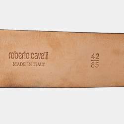 Pre Owned Roberto Cavalli Black Croc Embossed Leather Logo Buckle Belt 85CM