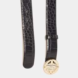 Pre Owned Roberto Cavalli Black Croc Embossed Leather Logo Buckle Belt 85CM