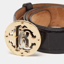 Pre Owned Roberto Cavalli Black Croc Embossed Leather Logo Buckle Belt 85CM