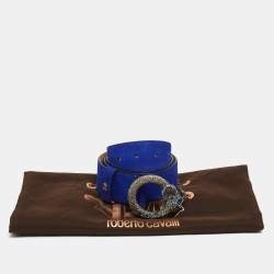 Pre Owned Roberto Cavalli Blue Suede Crystal Embellished Serpent Buckle Belt 95CM