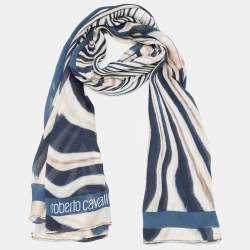 Pre Owned Roberto Cavalli Beige/Blue Animal Print Silk Chiffon Scarf