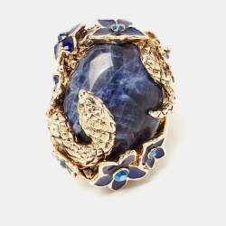 Pre Owned Roberto Cavalli Enamel Crystal Gold Tone Serpenti Ring Size 52 