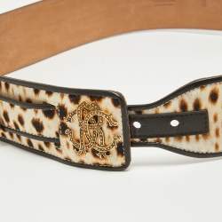 Pre Owned Roberto Cavalli Beige Leaopard Print Canvas RC Logo Waist Belt 95CM