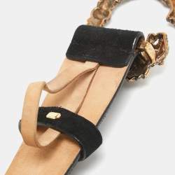 Pre Owned Roberto Cavalli Black Suede Crystal Embellished Panther Head Buckle Belt 85CM