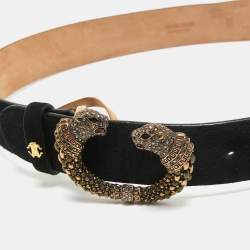 Pre Owned Roberto Cavalli Black Suede Crystal Embellished Panther Head Buckle Belt 85CM