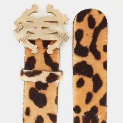 Pre Owned Roberto Cavalli Beige Leopard Print Calfhair RC Logo Belt 80CM
