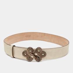 Pre Owned Roberto Cavalli Gold Nubuck Leather Crystals Embellished Snake Buckle Belt 85CM