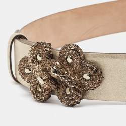 Pre Owned Roberto Cavalli Gold Nubuck Leather Crystals Embellished Snake Buckle Belt 85CM