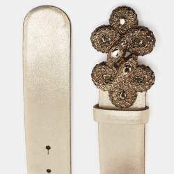 Pre Owned Roberto Cavalli Gold Nubuck Leather Crystals Embellished Snake Buckle Belt 85CM