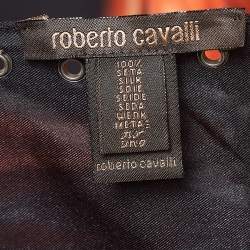 Roberto Cavalli Black Flames Print Silk Leather Fringed Scarf