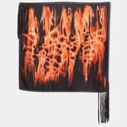 Roberto Cavalli Black Flames Print Silk Leather Fringed Scarf