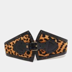 Pre Owned Roberto Cavalli Brown/Black Leopard Calfhair and Croc Embossed Leather Wide Buckle Belt 75CM