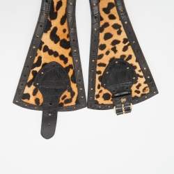 Pre Owned Roberto Cavalli Brown/Black Leopard Calfhair and Croc Embossed Leather Wide Buckle Belt 75CM