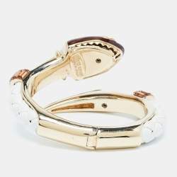 Pre Owned Roberto Cavalli Snake Resin Crystals Leather Gold Tone Bracelet 