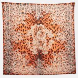 Pre Owned Roberto Cavalli Orange Animal and Floral Lace Print Silk Scarf