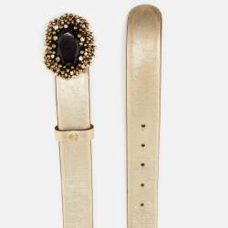Pre Owned Roberto Cavalli Gold Leather Crystal Embellished Buckle Belt 100 CM