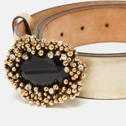 Pre Owned Roberto Cavalli Gold Leather Crystal Embellished Buckle Belt 100 CM