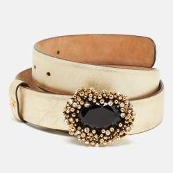 Pre Owned Roberto Cavalli Gold Leather Crystal Embellished Buckle Belt 100 CM