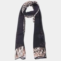 Pre Owned Roberto Cavalli Black Animal Print Silk Chiffon Stole