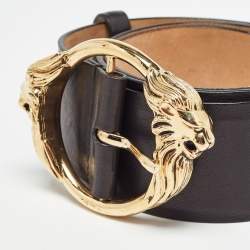 Pre Owned Roberto Cavalli Black Leather Metal Double Lion Head Belt 95CM