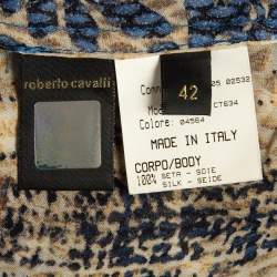 Pre Owned Roberto Cavalli Blue/Brown Printed Velvet Trim Silk Blouse M