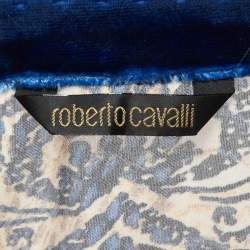 Pre Owned Roberto Cavalli Blue/Brown Printed Velvet Trim Silk Blouse M