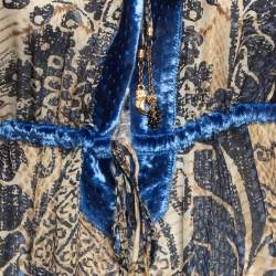 Pre Owned Roberto Cavalli Blue/Brown Printed Velvet Trim Silk Blouse M