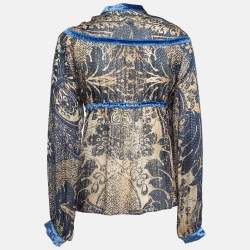 Pre Owned Roberto Cavalli Blue/Brown Printed Velvet Trim Silk Blouse M