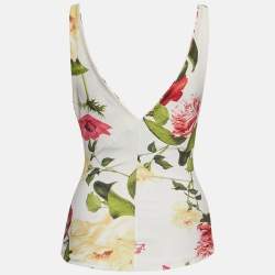 Pre Owned Roberto Cavalli Cream Floral Printed Jersey Embellished Top M