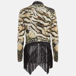 Pre Owned Roberto Cavalli Green/Black Printed Knit and Silk Tassels Cardigan 