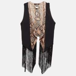 Pre Owned Roberto Cavalli Black Knit and Silk Tassels Detail Cardigan M