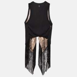 Pre Owned Roberto Cavalli Black Knit and Silk Tassels Detail Cardigan M